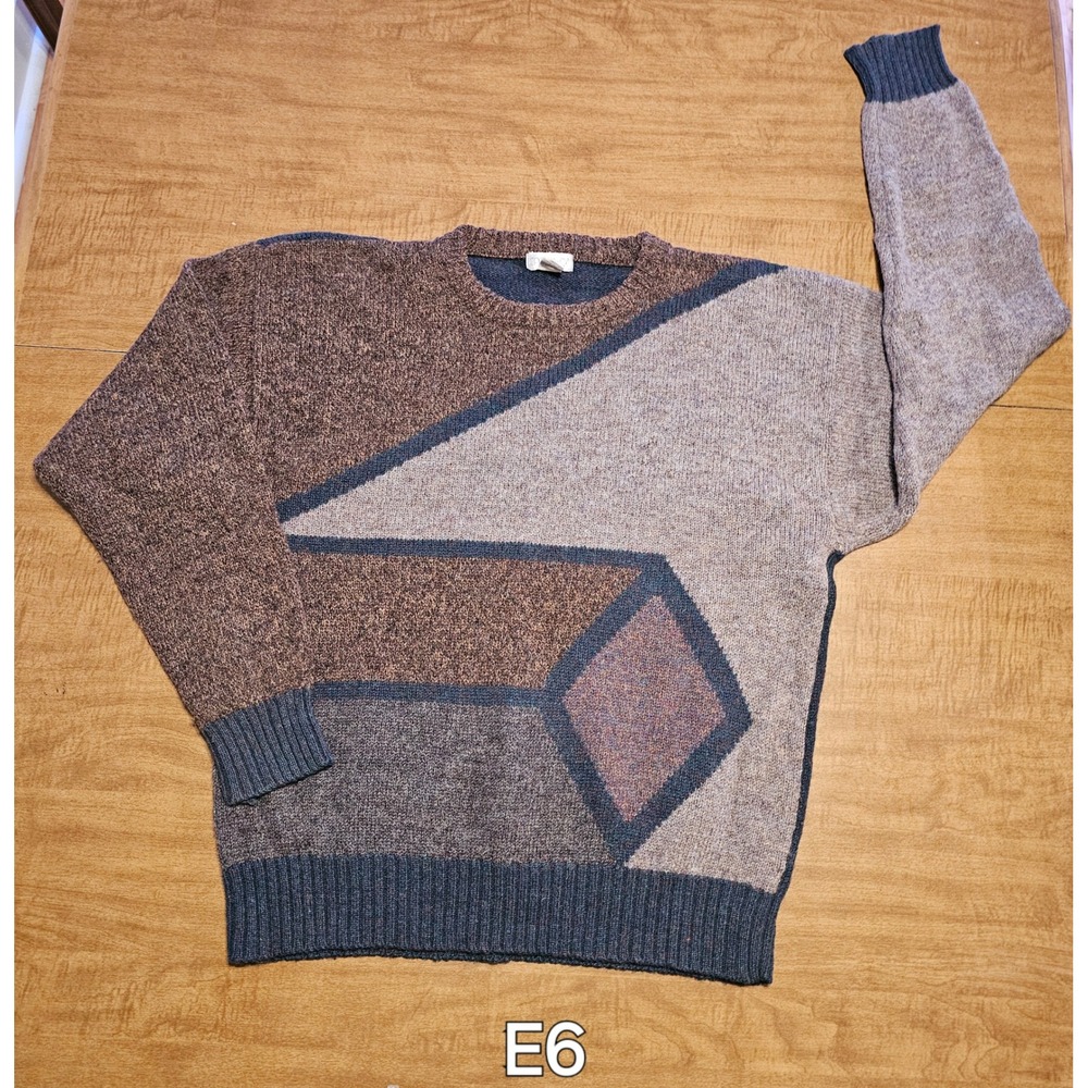 Vntg Mens Cattivo Geometric Color Block Diamond L XL Sweater Brown Beige Wool E6